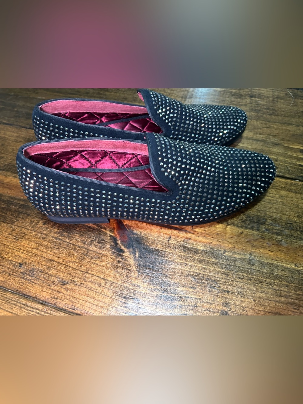 Steve Madden Black Studded Slip-On Loafers with Burgundy Lining